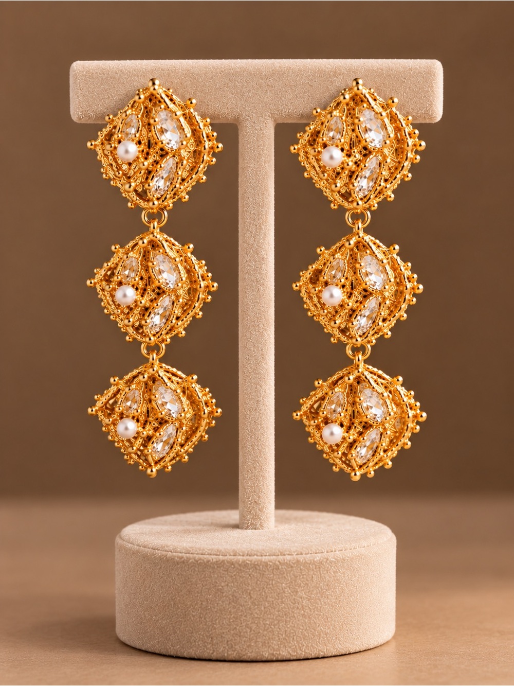 Gold Filigree Drop Earrings with Pearls